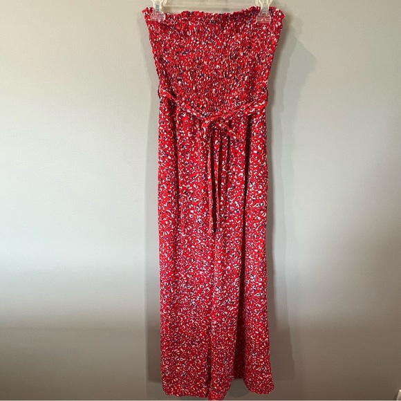 She + Sky Printed Strapless Smocked Jumpsuit Red White Blue Size Medium - Picture 2 of 8